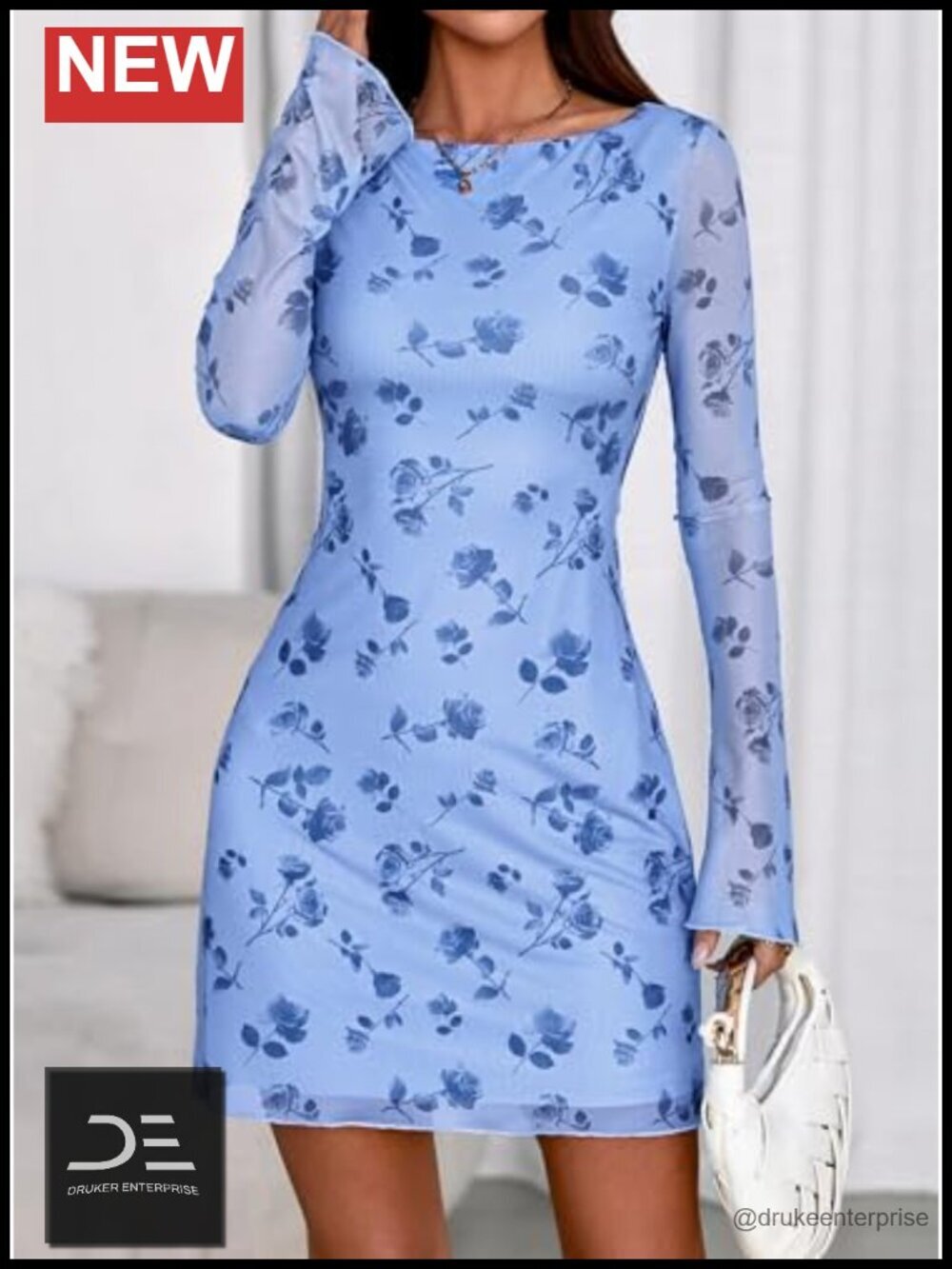 Women's Floral Long Sleeve Bodycon Mini Dress Boat Neck Bell Sleeve Mesh Club - Picture 5 of 6